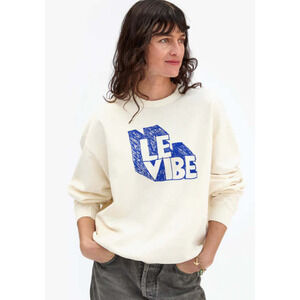 Clare V Womens LE Vibe Cotton Pullover Crewneck Sweatshirt Cream Blue Medium